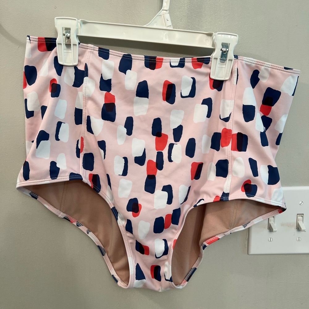 Kortni Jeane, large, light pink with red, blue, and white shapes, high-waisted